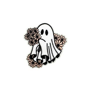 Floral Sheet Ghost Patch | Kawaii Pink Daisy Spirit Iron-On Applique | Cute Hippie Flower DIY Badge | Halloween Backpack Craft Accessory