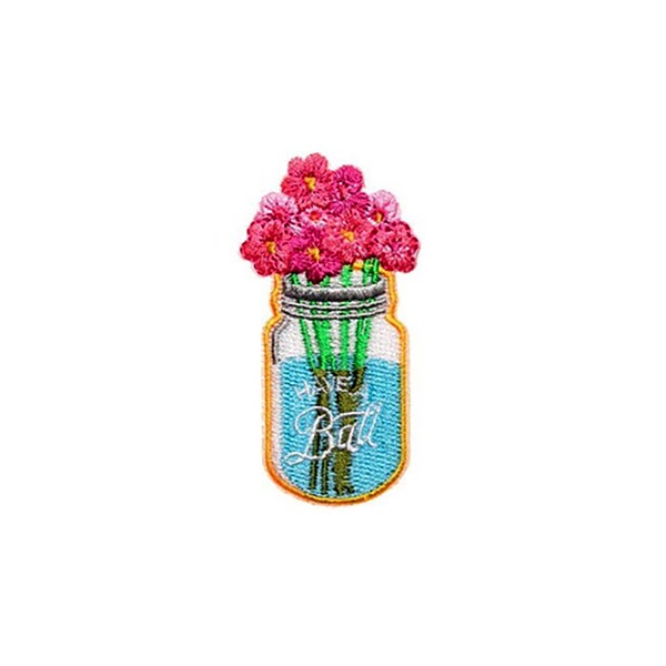 Mason Jar Flower Patch | Vintage Glass Vase Pink Flowers Bouquet Iron-On Applique | Plant Farmhouse Badge | Girls Backpack Jacket Accessory