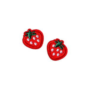 Tiny Strawberry Patches | 2x Miniature Kawaii Summer Fruit Iron-On Appliques | Embroidered DIY Badge Sticker Set | Lapel Jacket Accessory