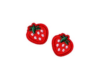Tiny Strawberry Patches | 2x Miniature Kawaii Summer Fruit Iron-On Appliques | Embroidered DIY Badge Sticker Set | Lapel Jacket Accessory
