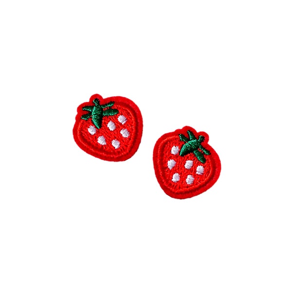 Tiny Strawberry Patches | 2x Miniature Kawaii Summer Fruit Iron-On Appliques | Embroidered DIY Badge Sticker Set | Lapel Jacket Accessory