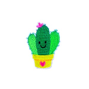 May include: A green cactus with a pink flower on top, smiling, in a yellow pot with a pink heart. The cactus is a cute embroidered patch.