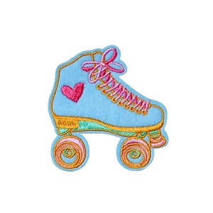May include: Blue roller skate with pink laces and a pink heart on the side. The wheels are gold with pink and green accents.
