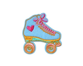 May include: Blue roller skate with pink laces and a pink heart on the side. The wheels are gold with pink and green accents.
