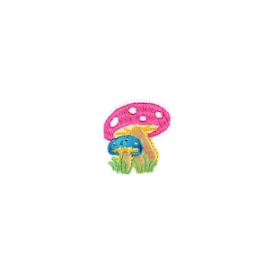 May include: Embroidered patch of a pink and white mushroom with white spots, a blue mushroom, and green grass.