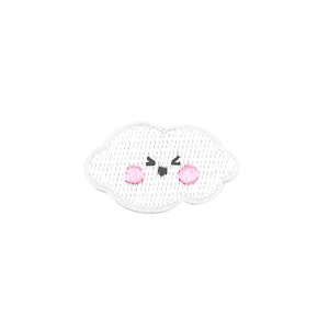 May include: White embroidered iron-on patch of a smiling cloud with pink cheeks.