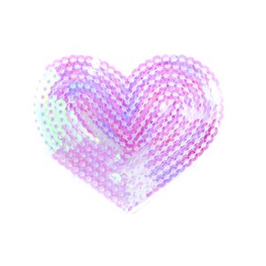 Op de afbeelding: Een roze, iriserende, hartvormige paillettenpatch.