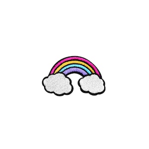 May include: A colorful rainbow with pink, yellow, blue, and purple stripes, with white clouds on either side.