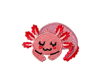 Axolotl Patch | Sleepy Pink Kawaii Salamander Iron-On Applique | Girls Teen Embroidered DIY Novelty Badge | Backpack Jacket Tote Accessory