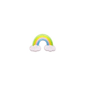 以下が含まれることがあります： カラフルな虹と雲が刺繍されたパッチ。虹は黄色、緑、青、ピンク。雲は白です。