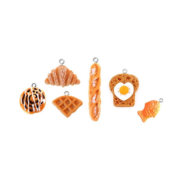 Charme Boulangerie | Boulangerie miniature Aliments réalistes Fourniture de bijoux DIY | Pendentif mini gaufre, petit pain à la cannelle, croissant, baguette, pain grillé