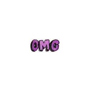 Könnte beinhalten: Lilafarbener gestickter Bügeleisen-Aufnäher mit dem Text "OMG" in einer Blasenschrift.