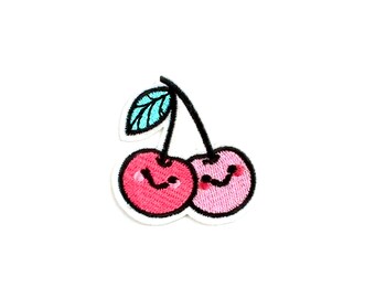Happy Cherry Patch | Pink Pastel Kawaii Double Cherry Iron-On Applique | Girls Teen Embroidered DIY Badge | Backpack Jacket Craft Accessory
