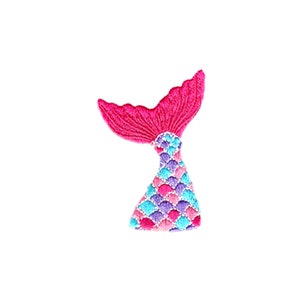 May include: Embroidered mermaid tail patch in shades of pink, blue, and purple. The tail fin is a vibrant pink, while the body features a scale pattern in various colors. This patch is ideal for adding a whimsical touch to clothing or accessories.