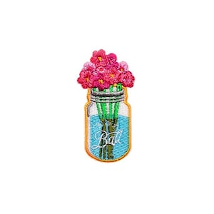 Einmachglas Blumen Aufnäher | Vintage Glasvase rosa Blumen Blumenstrauß Aufbügler | Pflanzen Bauernhaus Abzeichen | Mädchen Rucksack-Jacken-Accessoire