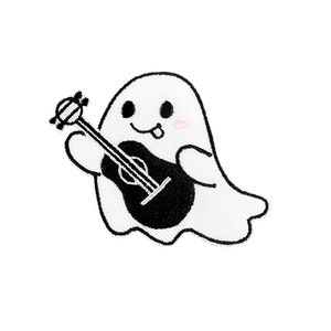 May include: A white ghost with a black outline playing a black guitar with white strings. The ghost has a smiling face with a tongue sticking out.