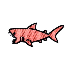 May include: A cartoon illustration of a red shark with a black outline. The shark is swimming to the right with its mouth open.