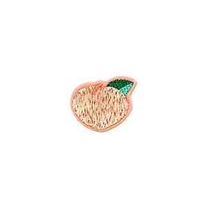 May include: A peach-colored embroidered iron-on patch of a peach with a green leaf.