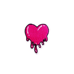 Pink Melting Heart Patch | Dripping Valentine Love Iron-On Applique | Pink Embroidered DIY Badge | Girls Teen Jean Jacket Craft Accessory