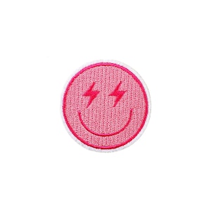 Mini parche de cara sonriente rosa / Aplique termoadhesivo de cara feliz con rayo kawaii pastel / Insignia bordada DIY / Accesorio para festivales de emojis