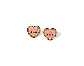 Frosted Heart Cookie Studs | Tiny Kawaii Pink Sprinkles Valentine Love Biscuit Pastry Post Earrings | Mini Girls Teen Dessert Jewelry Gift