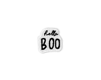 Tiny 'Hello Boo' Patch | Mini Halloween Ghost Message Iron-On Applique | Embroidered DIY Novelty Badge | Cute Girls Teen Backpack Accessory