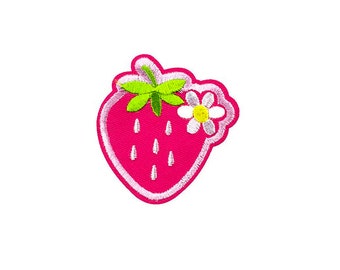 Różowa naszywka z kwiatem truskawki | Kawaii Spring Berry Iron-On Applique | Haftowana odznaka DIY Novelty | Dziewczęcy plecak-kurtka, dodatek do rękodzieła