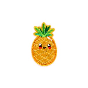 May include: A yellow pineapple with a green leafy top and a smiling face. The pineapple is embroidered with a detailed texture.