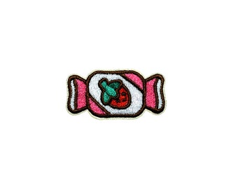 Mini Strawberry Candy Patch | Kawaii Wrapped Berry Gum Iron-On Applique | Embroidered DIY Badge | Girls Teen Backpack Lapel Jacket Accessory
