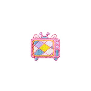 May include: An embroidered patch of a retro television with a checkered screen in shades of blue, yellow, and white.