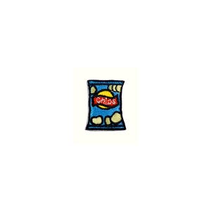 May include: A blue patch featuring a bag of chips. The bag has a yellow circle in the center with the word "Chips" in red. The bag is outlined in black and has a wavy top.