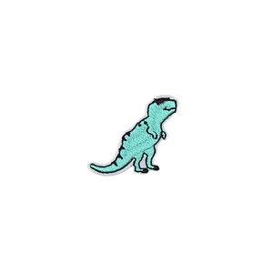 May include: Embroidered patch featuring a turquoise Tyrannosaurus Rex dinosaur. The dinosaur has black accents and is depicted in a side profile. The patch is designed for application on clothing or accessories.
