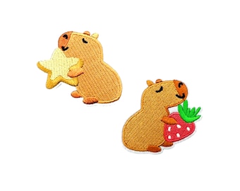 Kawaii Capybara Patch | Strawberry Star Capy Iron-On Animal Applique | Embroidered DIY Sticker Badge | Kids Teen Backpack Jacket Accessory