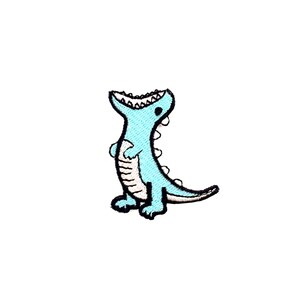 May include: A light blue cartoon dinosaur with a white belly and black outlines. The dinosaur is standing on its hind legs with its mouth open and its tail curled behind it.
