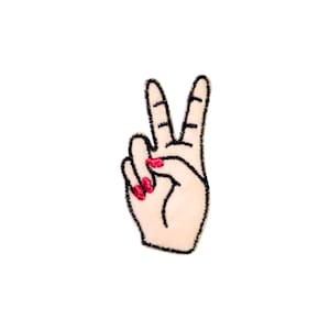 May include: A hand with red nail polish makes the peace sign. The hand is outlined in black and filled in with a light skin tone.