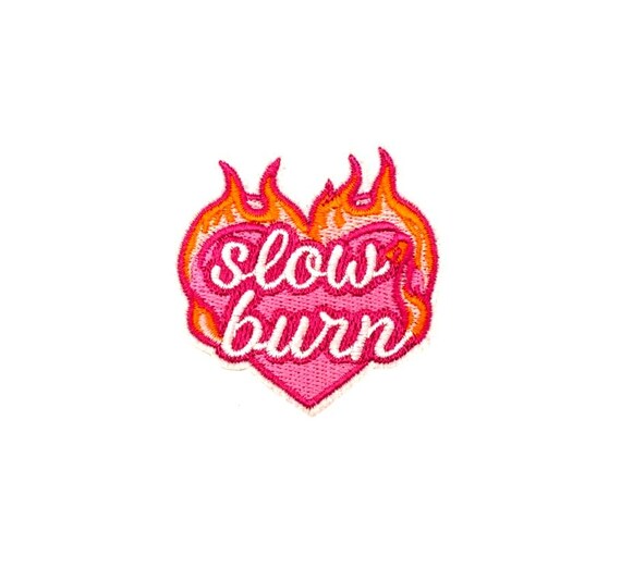 Slow Burn Heart Patch | Pink Flame Book Reading Club Iron-On Applique | Embroidered DIY Badge | Bookish Book Lover Romance Craft Accessory