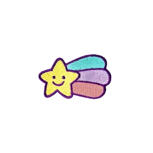 Happy Shooting Star Patch | Kawaii Rainbow Puffy Star Pastel Iron-On Applique | Embroidered Fairy Kei DIY Badge | Backpack Jacket Accessory