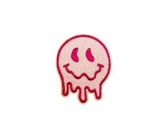 Melting Smiley Face Patch | Pastel Pink Kawaii Dripping Happy Face Iron-On Applique | Embroidered DIY Badge | Emoji Festival Tote Accessory