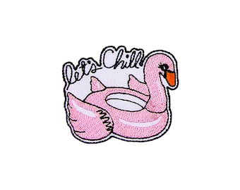 Let's Chill Flamingo Floatie Patch | Pink Summer Pool Swimming Float Toy Iron-On Applique | Cute Embroidered DIY Backpack Jacket Accessory