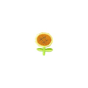 May include: A small embroidered patch of a yellow sunflower with a green stem and leaves.