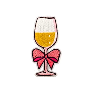 White Wine Glass Patch | Vineyard Wine Tasting Iron-On Applique | Coquette DIY Badge | Womens Pink Bow Champagne Happy Hour Accessory