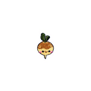 May include: A yellow embroidered patch of a cartoon turnip with a smiling face and green leaves.