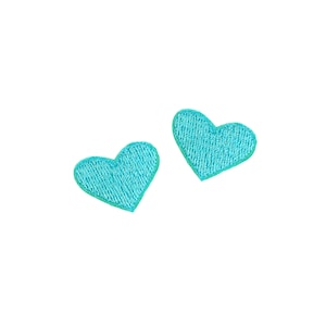 Tiny Turquoise Heart Patches | 2x Mini Blue Love Iron-On Appliques | Embroidered DIY Badge Set | Girls Teen Uniform Lapel Jacket Accessory