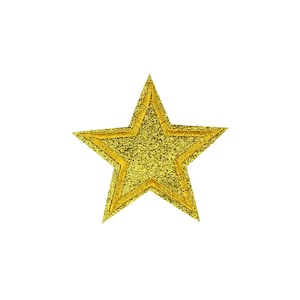 May include: A gold glitter star with a yellow outline. The star is a decorative embellishment for crafts and projects.