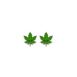 May include: Two green marijuana leaf stickers with cute cartoon faces. Each leaf has a white outline and black eyes.