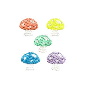 May include: Five embroidered mushroom patches in various colors: orange, yellow, green, blue, and purple. Each mushroom has a white stem and a dotted cap design. The patches are arranged against a white background.