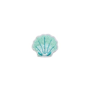 May include: A light blue embroidered seashell patch. The seashell is white with a blue outline.