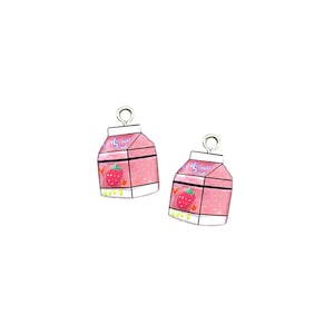 Glitter Strawberry Milk Charm | 1PC Sparkle Mini Kawaii Pastel Pink Berry Milk Carton Drink Pendant | Girls Bracelet Earrings Jewelry Supply