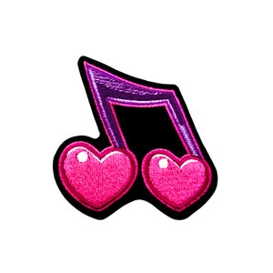 May include: Embroidered patch depicting a musical note with two heart-shaped notes. The note is black with a purple border, and the hearts are bright pink with white details. Ideal for customising clothing and accessories.