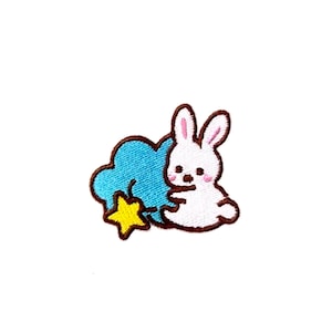 Stick-On Bunny Cloud Patch | Pastel Blue Kawaii Star Baby Bunny Rabbit Self-Adhesive Sticker Applique Badge | Jacket Backpack DIY Accessory